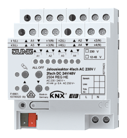 JUNG KNX Актор жалюзи 4-х канальный 220V AC 12-24V DC 6А возм ручн упр DIN-рейка